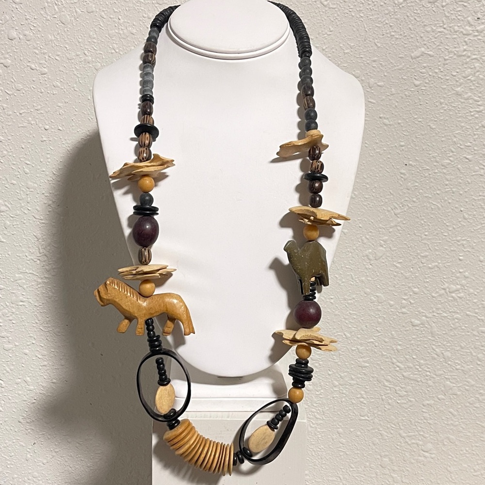 Necklace Boho Carved Animal & Wood Bead Statement Tribal Style